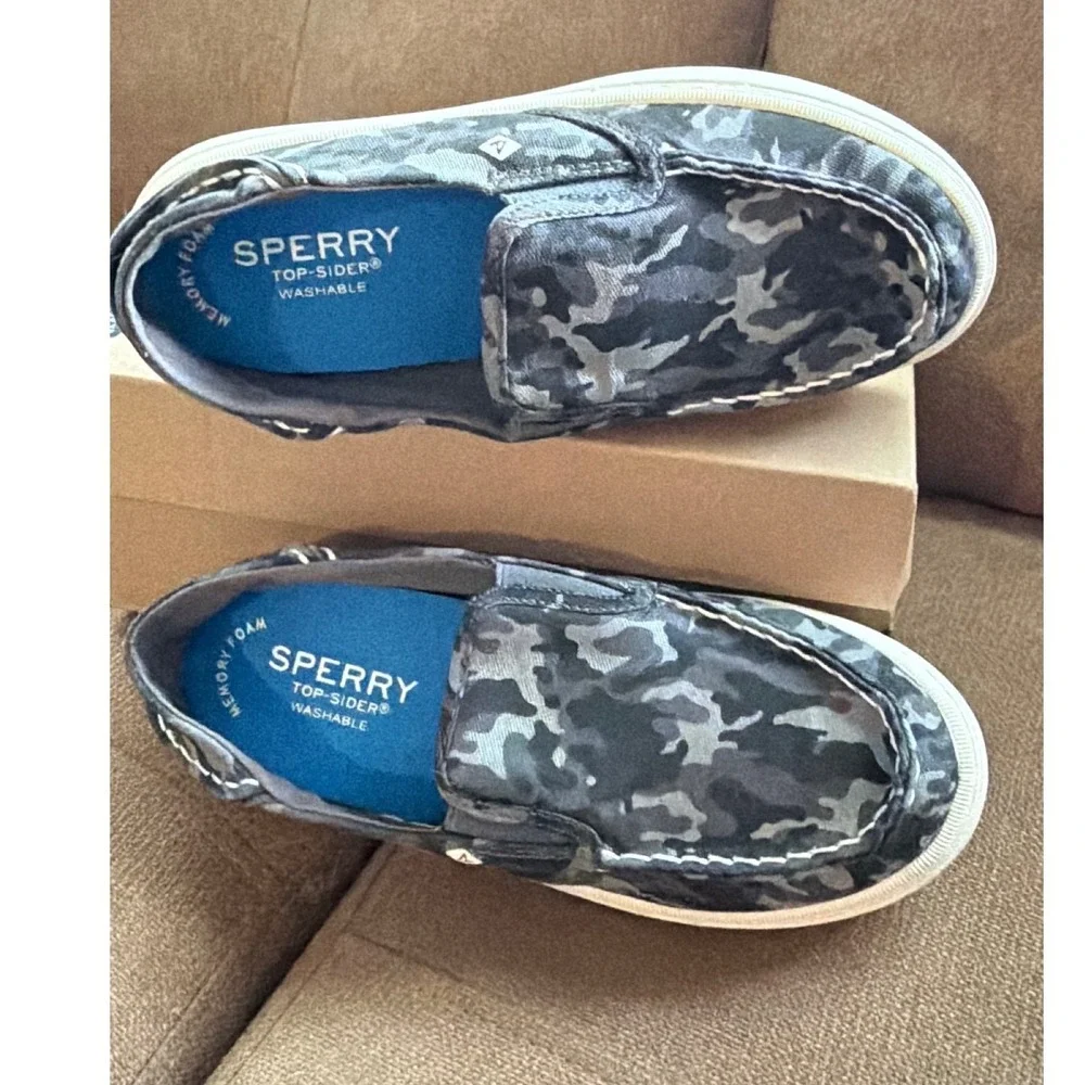 Sperry Salty Washable Boys Grey Camo Slip On Boat Shoes Sneakers 2M SCK265985